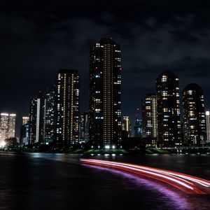 Preview wallpaper night city, buildings, architecture, lights, dark, coast