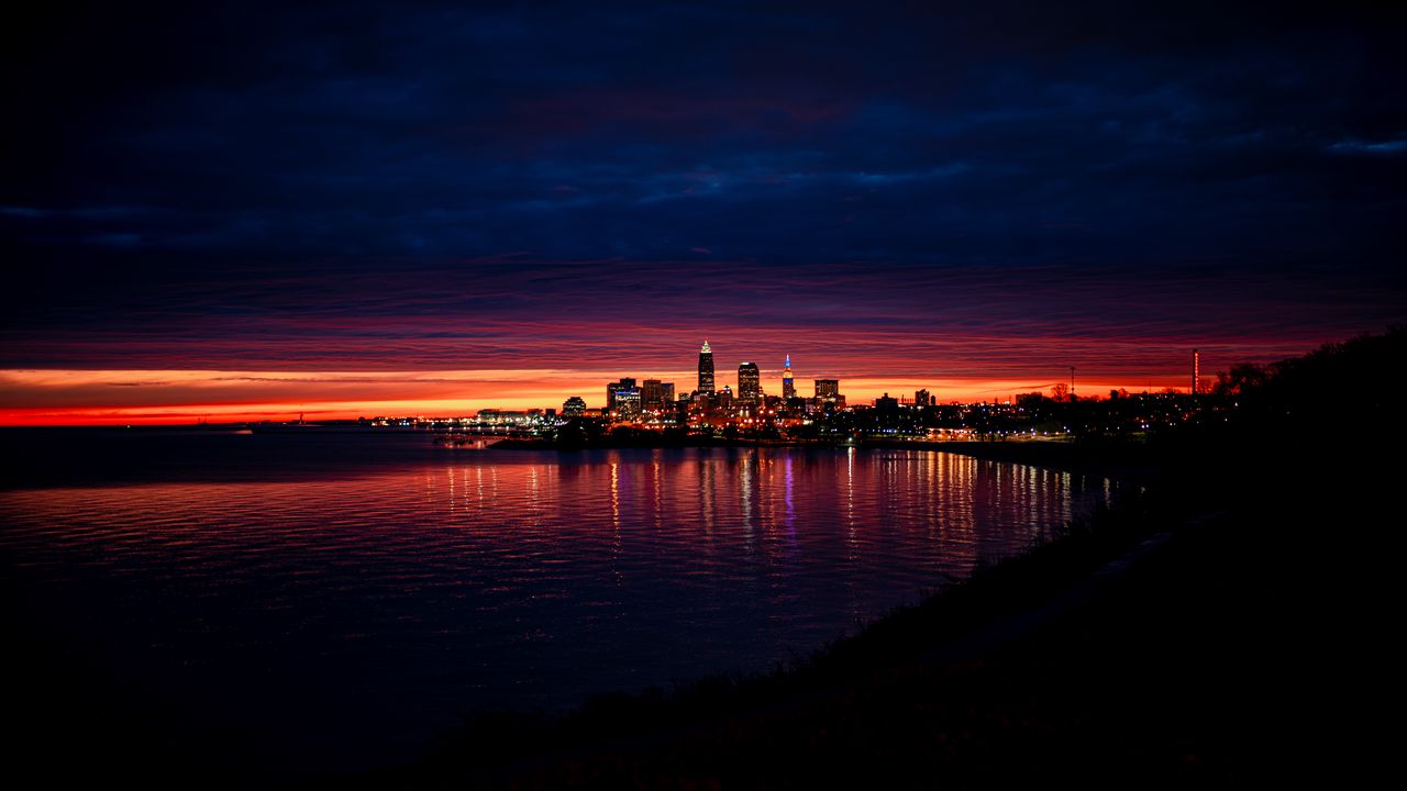 Wallpaper night city, buildings, architecture, sunset, water