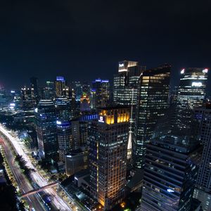 Preview wallpaper night city, buildings, architecture, lights, road