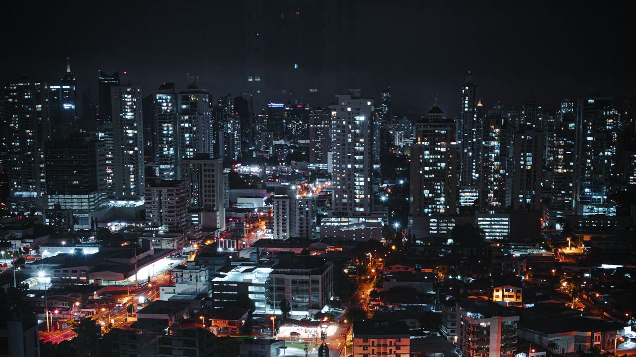 Wallpaper night city, buildings, architecture, lights, road, dark