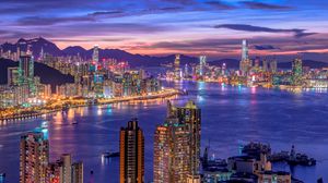 Preview wallpaper night city, buildings, architecture, sea, lights