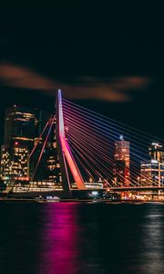 Preview wallpaper night city, buildings, bridge, dark, lights, coast