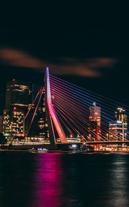 Preview wallpaper night city, buildings, bridge, dark, lights, coast