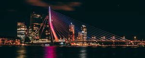 Preview wallpaper night city, buildings, bridge, dark, lights, coast