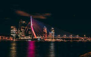 Preview wallpaper night city, buildings, bridge, dark, lights, coast