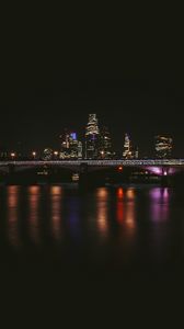 Preview wallpaper night city, buildings, bridge, dark, water, reflection