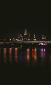Preview wallpaper night city, buildings, bridge, dark, water, reflection