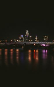 Preview wallpaper night city, buildings, bridge, dark, water, reflection