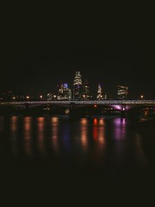 Preview wallpaper night city, buildings, bridge, dark, water, reflection