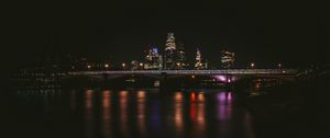 Preview wallpaper night city, buildings, bridge, dark, water, reflection