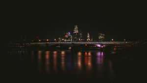 Preview wallpaper night city, buildings, bridge, dark, water, reflection