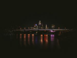 Preview wallpaper night city, buildings, bridge, dark, water, reflection