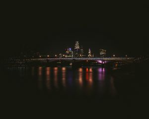 Preview wallpaper night city, buildings, bridge, dark, water, reflection
