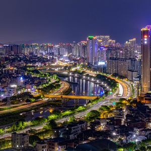 Preview wallpaper night city, buildings, bridge, river, lights