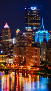 Preview wallpaper night city, buildings, bridge, river, lights, reflection