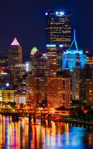 Preview wallpaper night city, buildings, bridge, river, lights, reflection