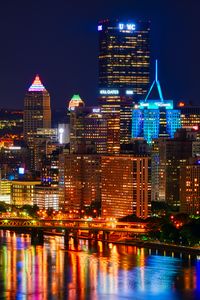 Preview wallpaper night city, buildings, bridge, river, lights, reflection