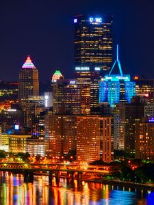 Preview wallpaper night city, buildings, bridge, river, lights, reflection