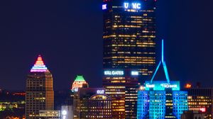 Preview wallpaper night city, buildings, bridge, river, lights, reflection