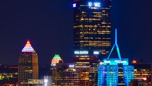 Preview wallpaper night city, buildings, bridge, river, lights, reflection