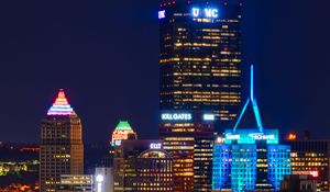 Preview wallpaper night city, buildings, bridge, river, lights, reflection