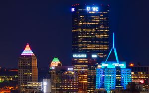 Preview wallpaper night city, buildings, bridge, river, lights, reflection