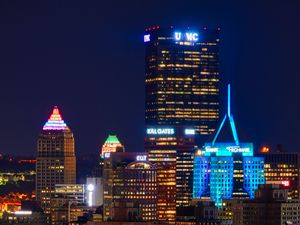 Preview wallpaper night city, buildings, bridge, river, lights, reflection