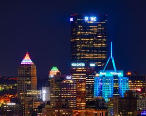 Preview wallpaper night city, buildings, bridge, river, lights, reflection