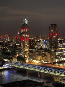 Preview wallpaper night city, buildings, bridge, lights, glow