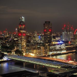 Preview wallpaper night city, buildings, bridge, lights, glow