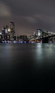 Preview wallpaper night city, buildings, bridge, river, lights, glow