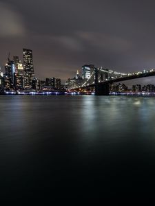 Preview wallpaper night city, buildings, bridge, river, lights, glow