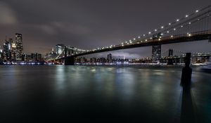 Preview wallpaper night city, buildings, bridge, river, lights, glow