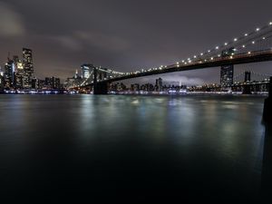 Preview wallpaper night city, buildings, bridge, river, lights, glow