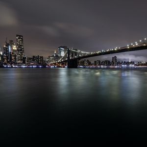 Preview wallpaper night city, buildings, bridge, river, lights, glow