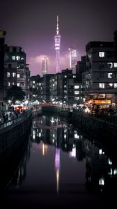 Preview wallpaper night city, buildings, canal, embankment, architecture, lights, reflection