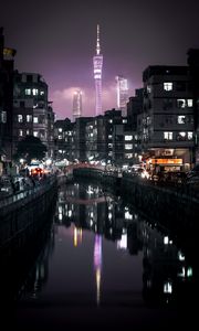 Preview wallpaper night city, buildings, canal, embankment, architecture, lights, reflection