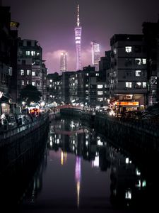 Preview wallpaper night city, buildings, canal, embankment, architecture, lights, reflection