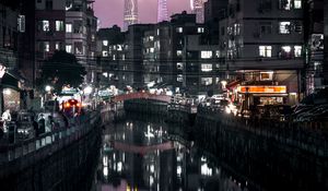 Preview wallpaper night city, buildings, canal, embankment, architecture, lights, reflection