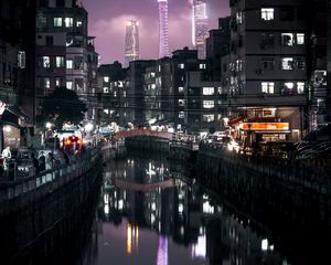 Preview wallpaper night city, buildings, canal, embankment, architecture, lights, reflection