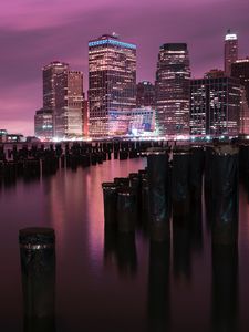 Preview wallpaper night city, buildings, coast, city lights, usa