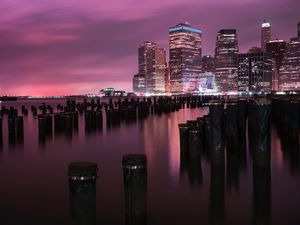 Preview wallpaper night city, buildings, coast, city lights, usa