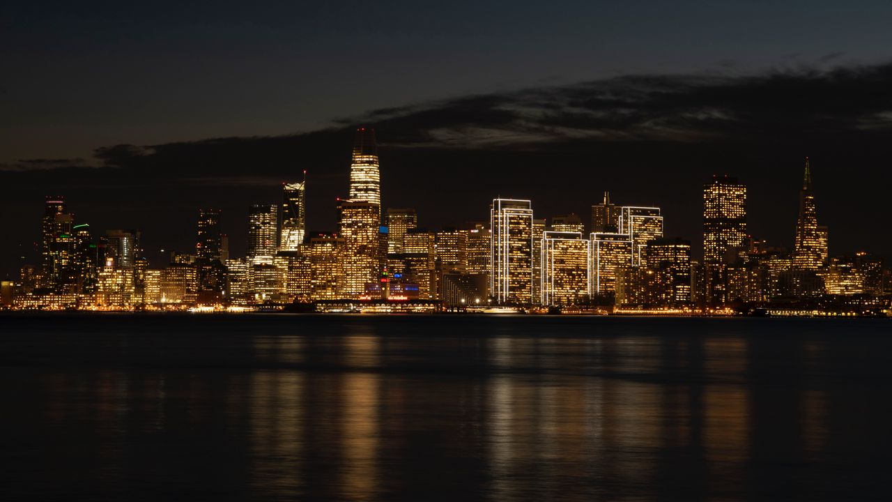 Wallpaper night city, buildings, coast, metropolis, panorama