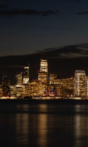 Preview wallpaper night city, buildings, coast, metropolis, panorama