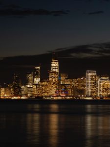 Preview wallpaper night city, buildings, coast, metropolis, panorama