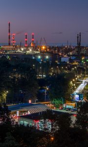 Preview wallpaper night city, buildings, factory, road, trees