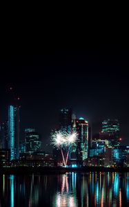 Preview wallpaper night city, buildings, fireworks, water, reflection