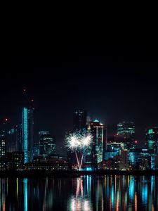 Preview wallpaper night city, buildings, fireworks, water, reflection