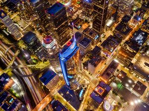 Preview wallpaper night city, buildings, glow, aerial view, usa