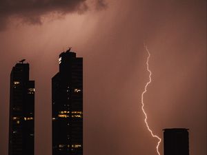 Preview wallpaper night city, buildings, lightning, sky
